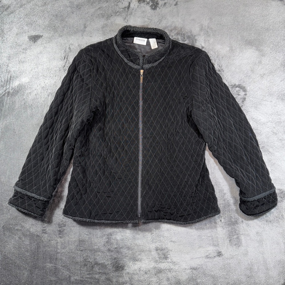 Chicos Travelers Black Quilted Zip Up Jacket Mock Neck Faux Fur Trim Size 2 L